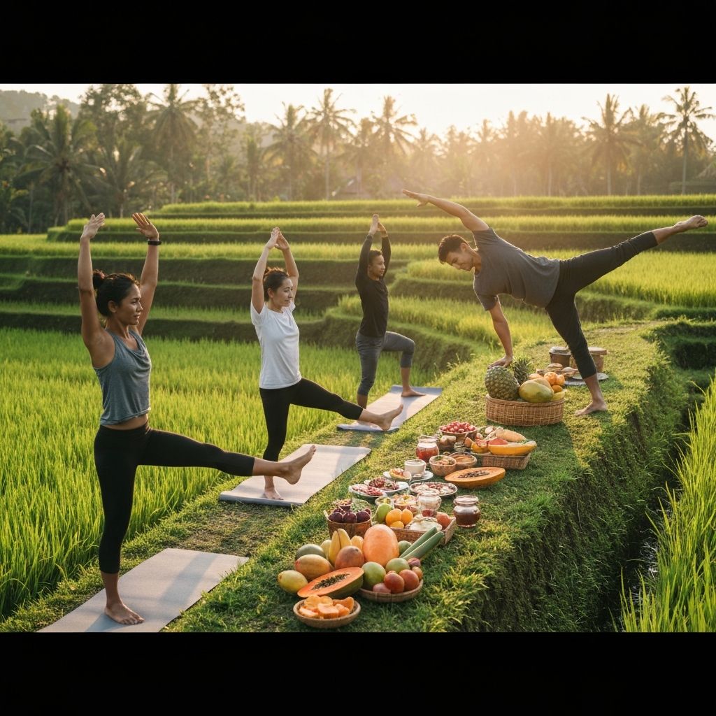 People stretching and doing yoga near rice fields with fresh breakfast spread