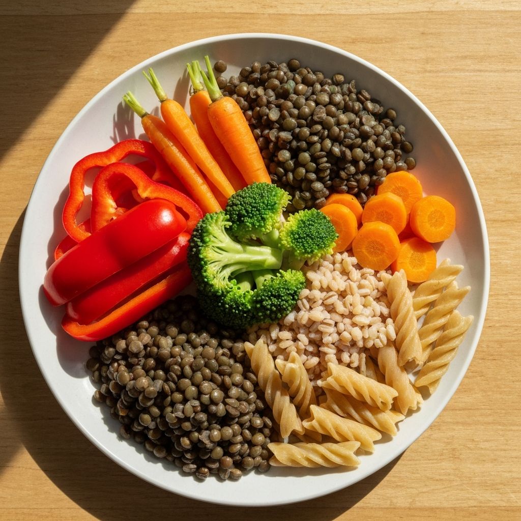 Balanced nutritious plate with colorful vegetables and whole grains