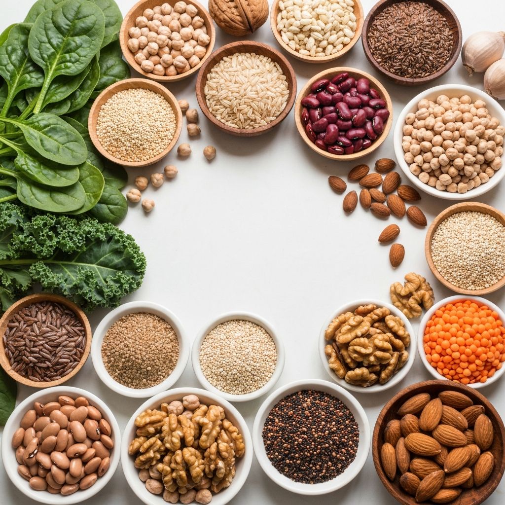 Colorful mineral-rich foods including leafy greens, legumes, and whole grains