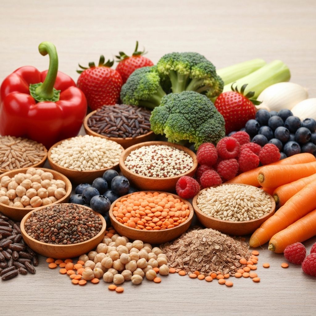 Fiber-rich foods including whole grains and vegetables
